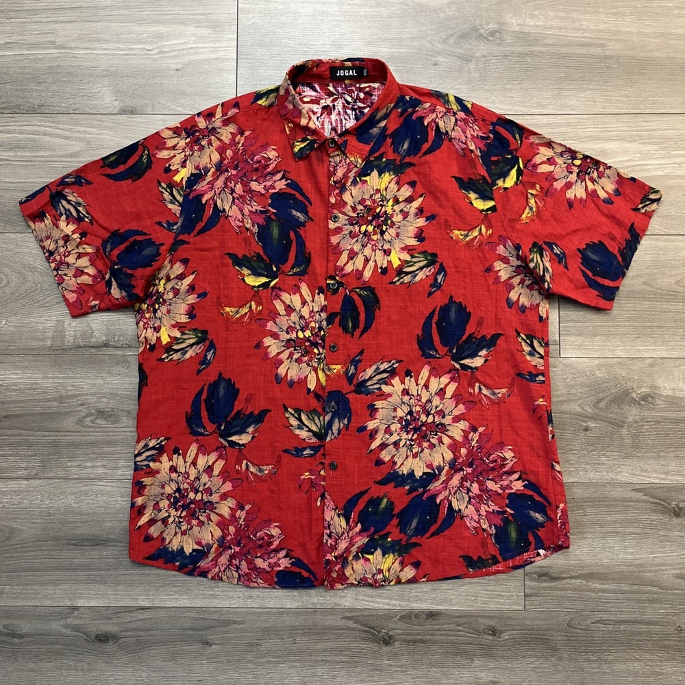 Jogal Mens 3XL Hawaiian Shirt Red Multicolor Floral
